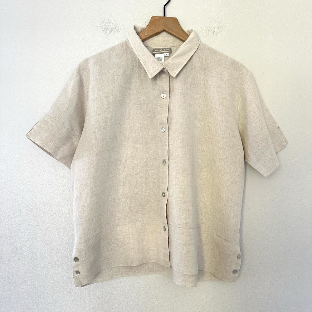 Vintage USA Made Coldwater Creek Linen Cotton Button Up Shirt M side-slit hem - Picture 1 of 10